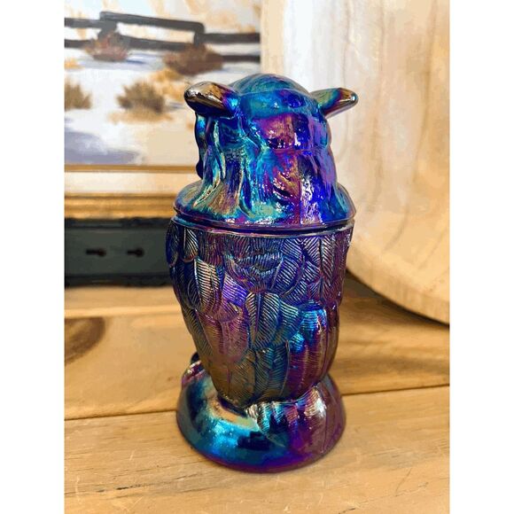 Vintage Owl Toby Jar Cobalt Blue Carnival Glass Imperial Glass Mould by Mosser G - Picture 2 of 7